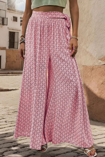 Printed Waist Tied Wide Leg Pants