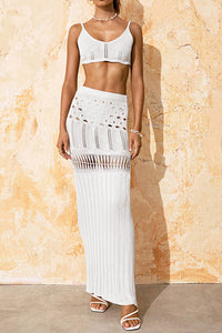 Two Piece Fashion Outfit Set Swimsuit Cover-Up Openwork Scoop Neck Spaghetti Strap Crop Top and Maxi Skirt Fashion Outfit Set