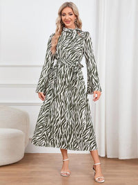 Animal Print Tie Front Ruffle Trim Long Sleeve Casual Maxi Midi Dress