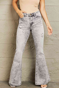 High Waisted Acid Wash Flare Jeans Cotton Black Washed Out