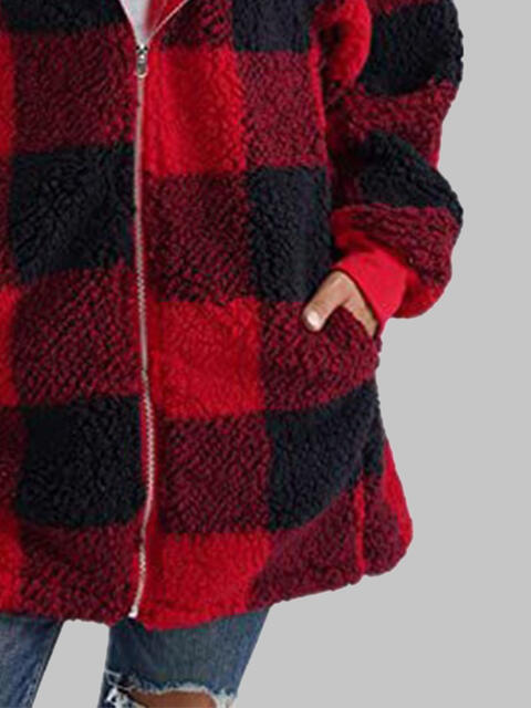 Checkered Plaid Zip-Up Hooded Jacket with Pockets