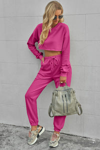 Pink Matching Sweatpants Set Women's Round Neck Long Sleeve Cropped Top and Pants Set