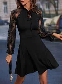 Black Lace Long Sleeve Tie Neck Casual Short Dress New Women's Fashion Mini Dresses