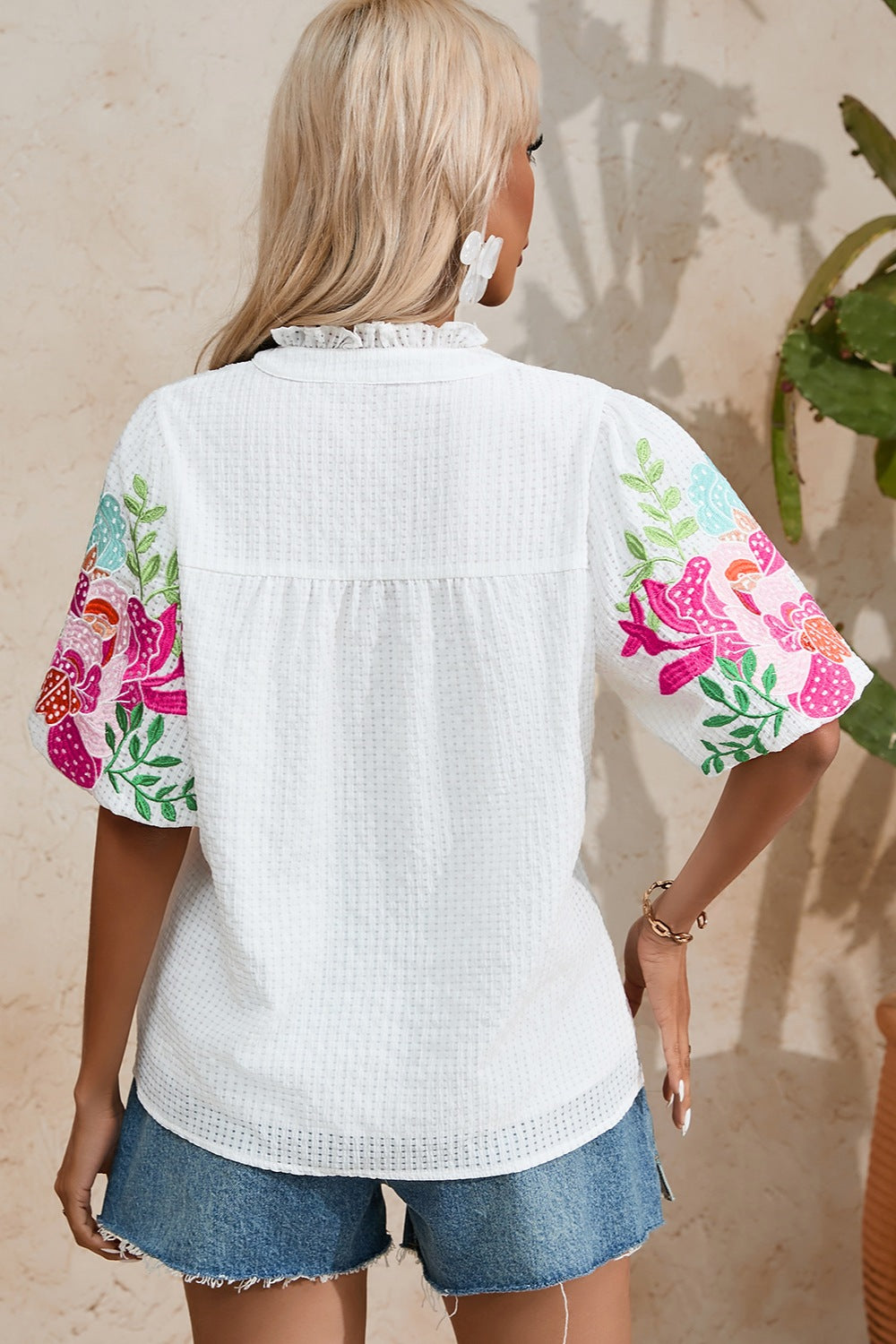 White Embroidered Notched V Neck Half Sleeve Blouse New Women's Fashion White Short Sleeve Shirt Boho Print