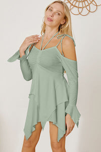 Tie Shoulder Layered Mini Cami Flare Long Sleeve Mini Dress