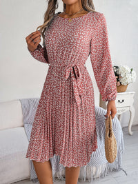 Ditsy Floral Tie Waist Pleated Long Sleeve Dress Women's Casual Wear and Workwear Fashion