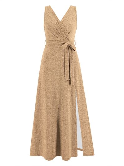 Event Elegant Slit Surplice Tie Waist Sleeveless Midi Maxi Dress