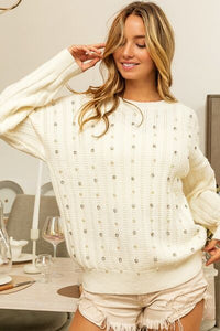 KESLEY Pearl & Rhinestone Decor Long Sleeve Sweater