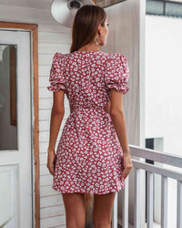 Casual Ditsy Floral Cutout Puff Sleeve Mini Dress