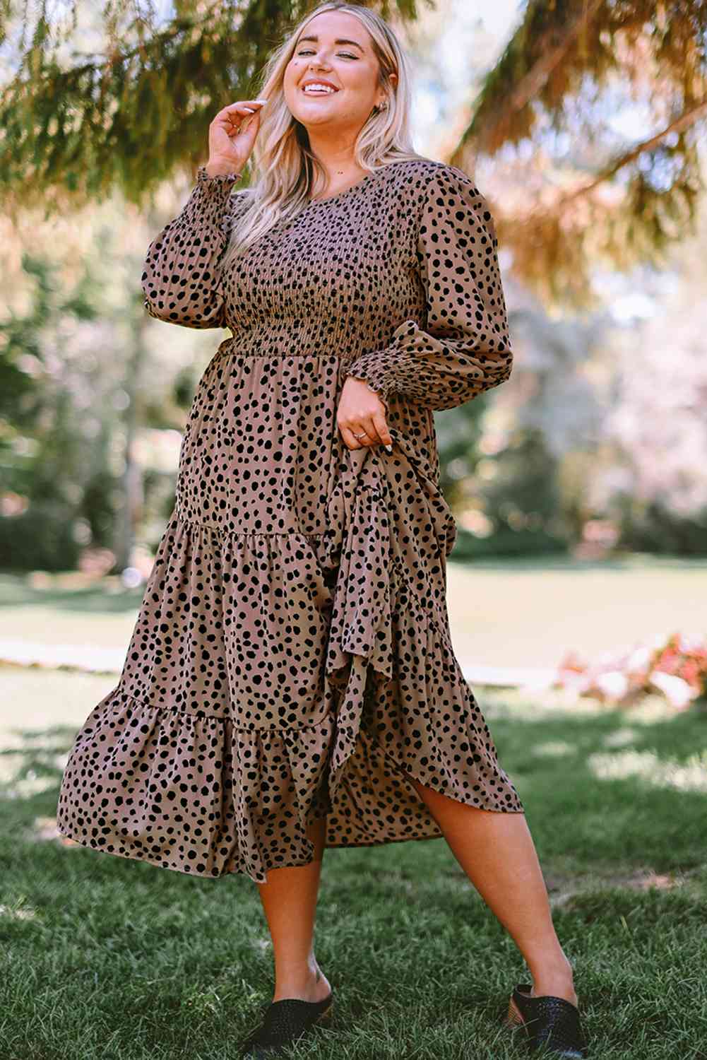 Plus Size Animal Print Smocked Tiered Casual Long Sleeve Dress