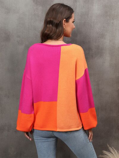 Women’s Color Block Pink and Orange Round Neck Fashion Sweater