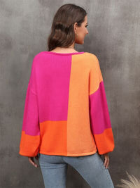 Women’s Color Block Pink and Orange Round Neck Fashion Sweater