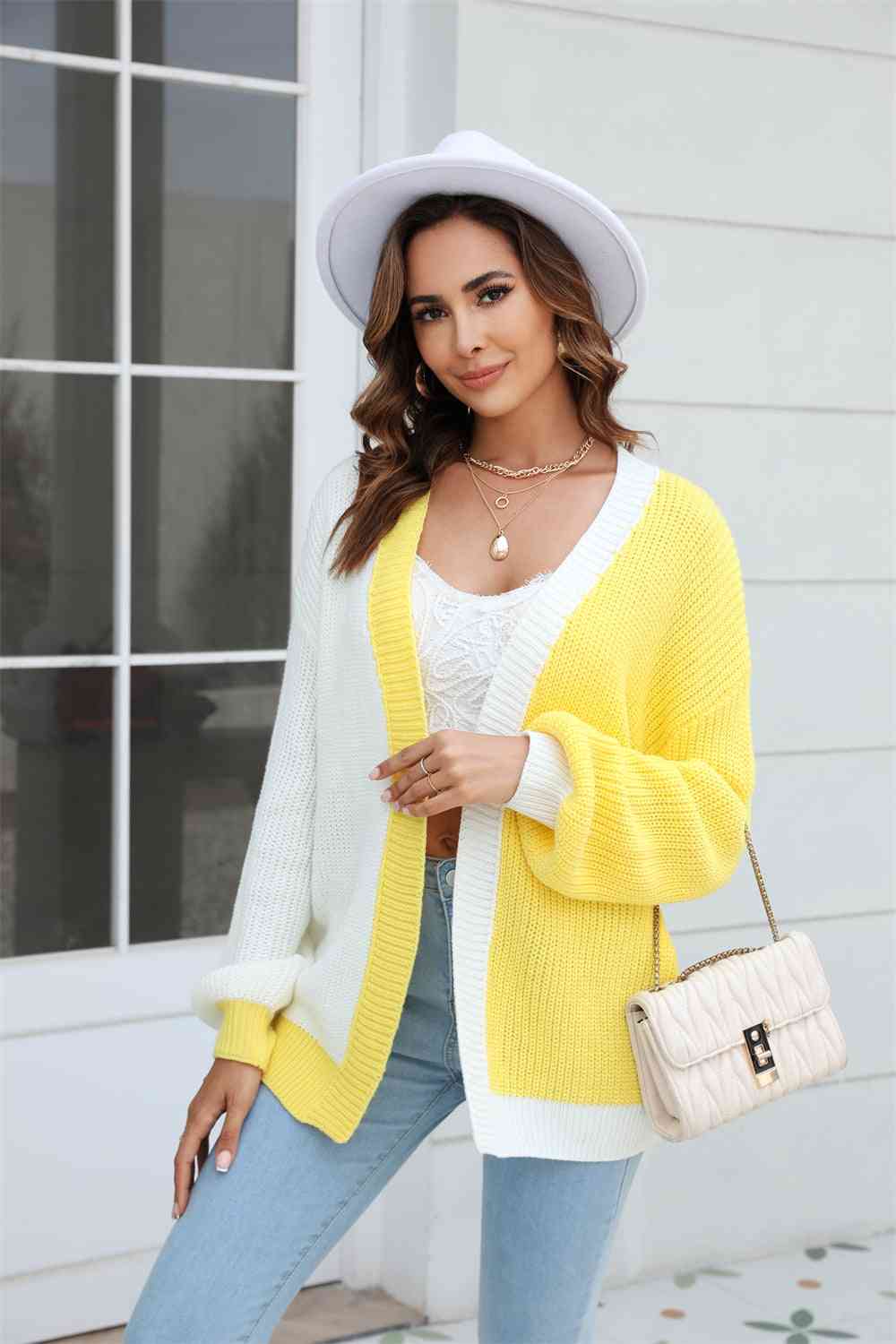 Fashion Sweater Open Front Contrast Color Balloon Sleeve Womens Fashion Cardigan