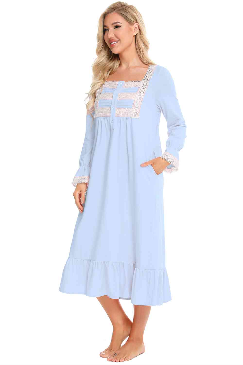 Cotton Pajama Dress Lace Detail Square Neck Flounce Sleeve Night Dress