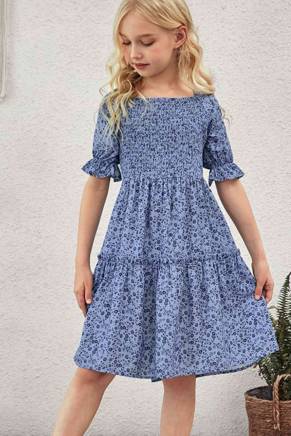 Girls Printed Smocked Flounce Sleeve Dress Kids Fashion Clothing