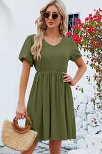 Womens V-Neck Balloon Short Sleeve Dress