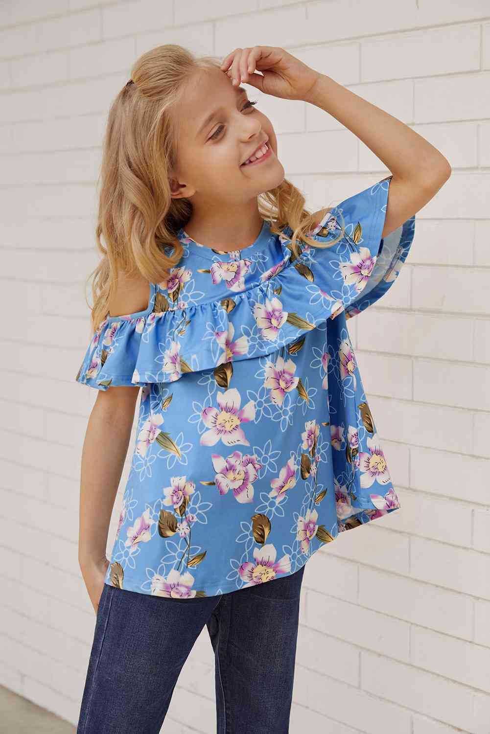 Girls Floral Cold-Shoulder Ruffled Top Kid's Fashion