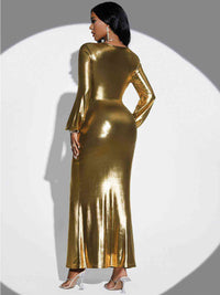 Plunge Twisted Slit Sexy Gold Long Sleeve Bodycon Midi Gold Dress