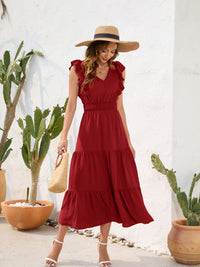 Cinch Waist Tiered Ruffled V-Neck Short Sleeve Maxi Dress New Women's Fashion casual day dresses