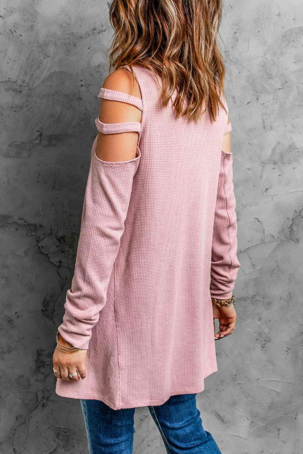 Ladies Casual Shirt Cut Out Waffle Knit Tunic Top