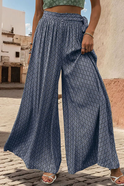 Printed Waist Tied Wide Leg Pants