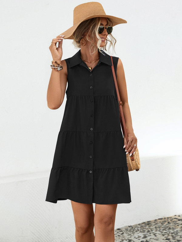 Solid Color Casual Short Dress Women's Fashion Button Up Sleeveless Mini Dress