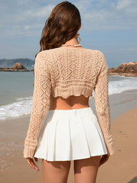 Crochet Crop Top Shirt Drawstring Openwork Long Sleeve Cover-Up