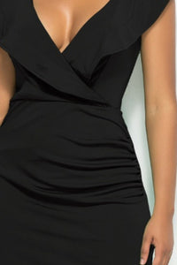 Women's V Neck Ruched Ruffled Cap Sleeve Midi Dress Ladies Work Dress