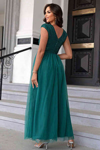 Sequin V-Neck Mesh Puffy Elegant Maxi Formal Party Dress