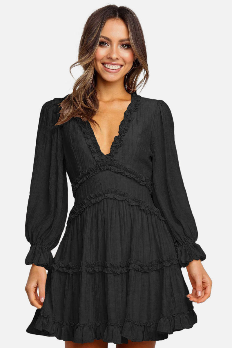 Dress, dresses, long sleeve dresses,  black dress, black dresses, casual dresses, shirt dresses, flare dress, flare sleeve dresses, blue dresses, casual dresses, v neck dress, womens fashion, womens clothing , mini dresses, vacation dresses, womens fashion, nice dresses, backless dress, long sleeve backless dress, back cut out dresses, day dress, outfit ideas, cute clothes, tiktok fashion