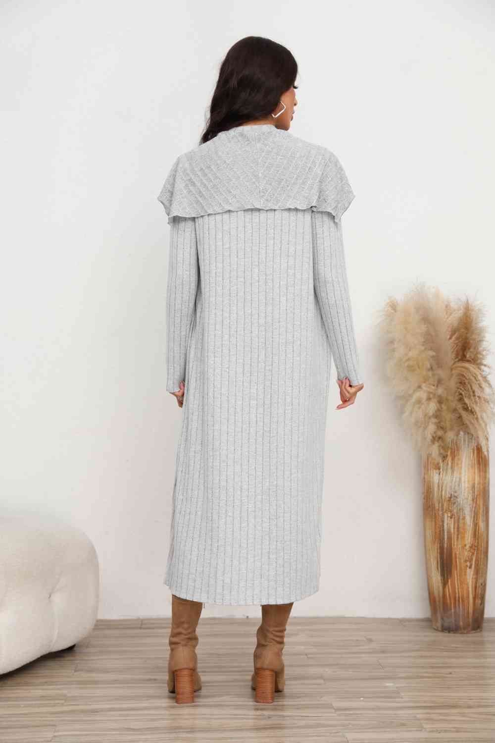 Women's Matching Fashion Set Casual Grey Ribbed Long Sleeve Slit Dress and Longline Cardigan Set