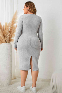 Plus Size Grey Surplice Neck Casual Long Sleeve Slit Dress