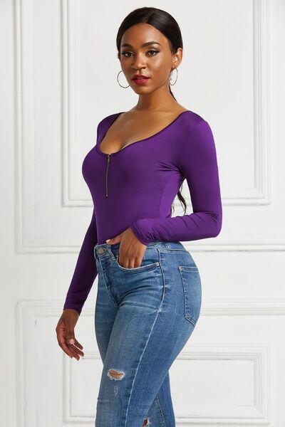 Half Zip Scoop Neck Long Sleeve Top Womens Shirt Bodysuit