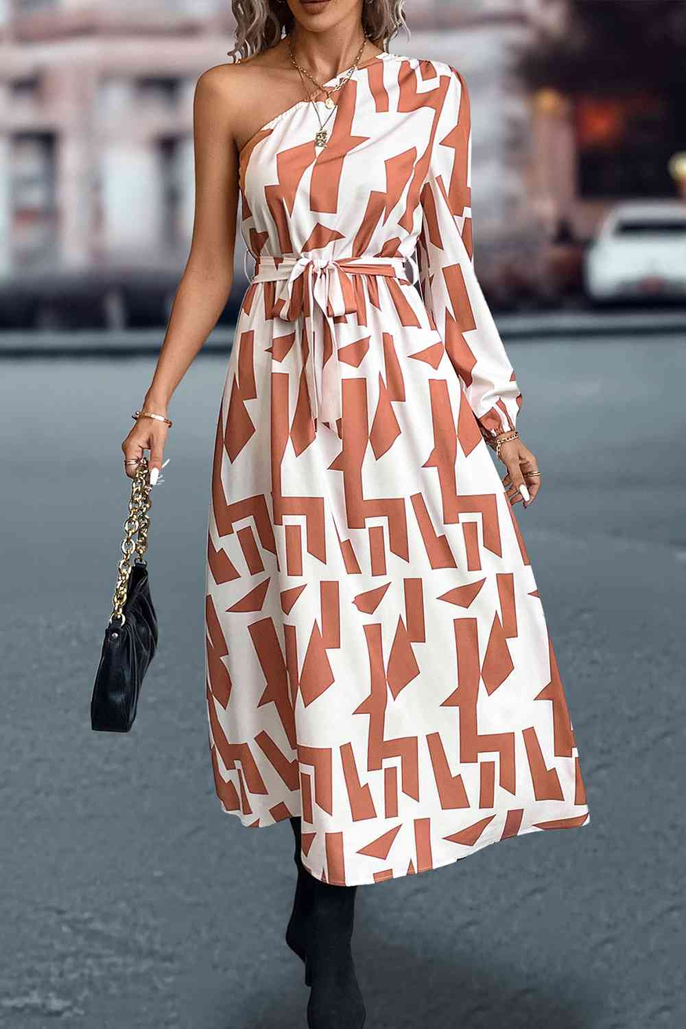 White and Black Printed One-Shoulder Tie Waist Long Dress