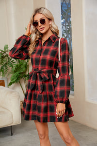 Plaid Print Tie Waist Collared Neck Long Sleeve Shirt Dress, Mini Dress Casual