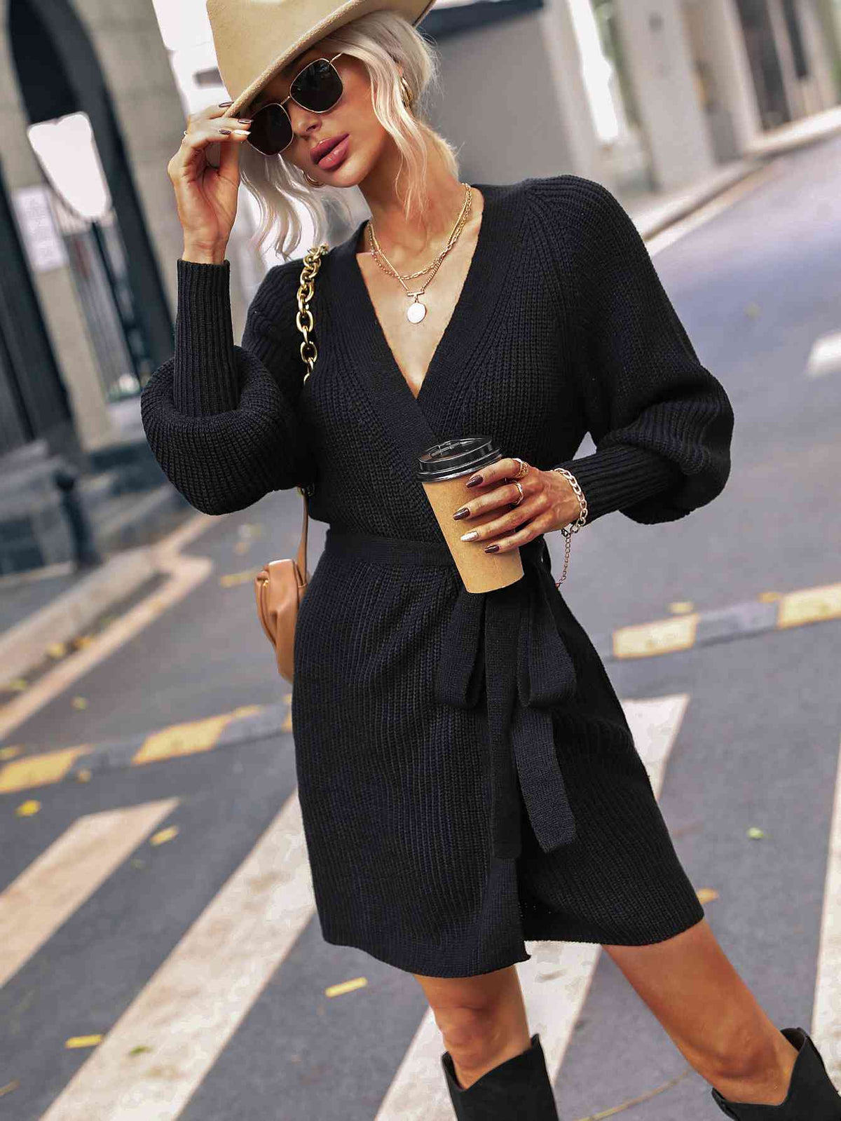 Women's Fashion Long Open Sweater Belted Surplice Lantern Sleeve Wrap Sweater Dress