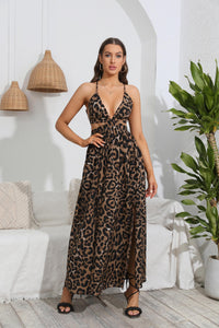 Women's Sexy Leopard Print Deep V Backless Tie High Slit Maxi Dress KESLEY