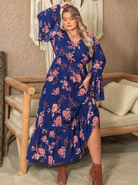 Plus Size Printed Half Button Flare Long Sleeve Dress