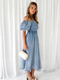 Maxi Denim Dress Off-Shoulder Balloon Sleeve Jean Dress New Women's Casual Fashion KESLEY