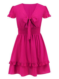 New Womens Tied V-Neck Tiered Ruffle Sexy Casual Short Sleeve Mini Dress