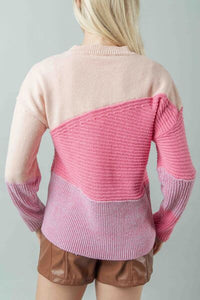 Women's Fashion Sweater Color Block Long Sleeve Top Pink