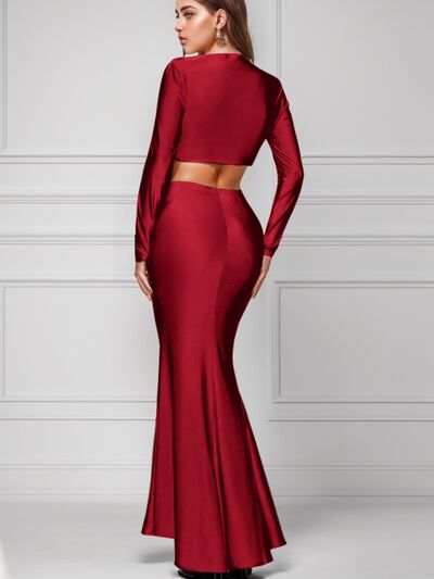 KESLEY Sexy Matching Outfit Set Cropped Long Sleeve Top and High Slit Maxi Skirt New Women's Fashion Cocktail Evening  Party Attire