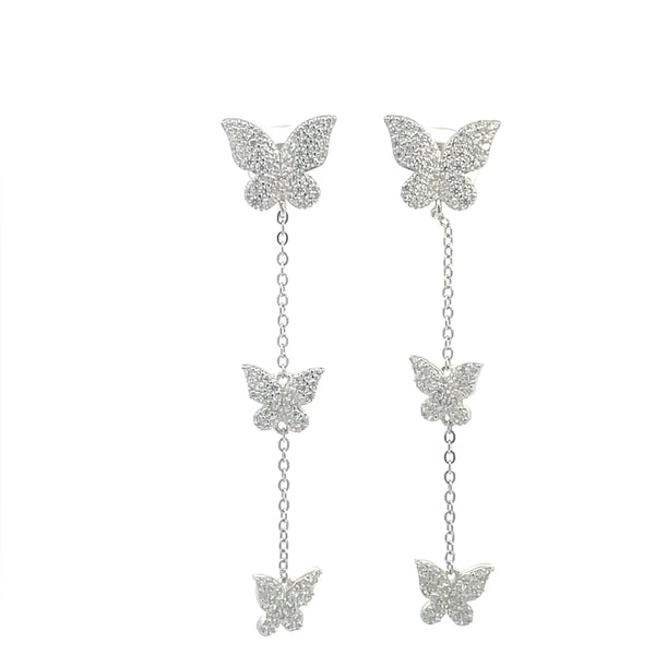 Earrings, butterfly earrings, long earrings, nickel free, sterling silver earrings with rhinestones, cubic zirconia earrings, butterfly jewelry with diamonds,  three butterfly earrings, dainty pave diamond cz cubic zirconia butterfly stud earrings, rhinestone earrings, nickel free earrings, fashion jewelry, accessories, waterproof, dainty, luxury earrings, festival jewelry, gift ideas, barbie jewelry, butterfly earrings, .925 sterling silver, white gold,Kesley Boutique 