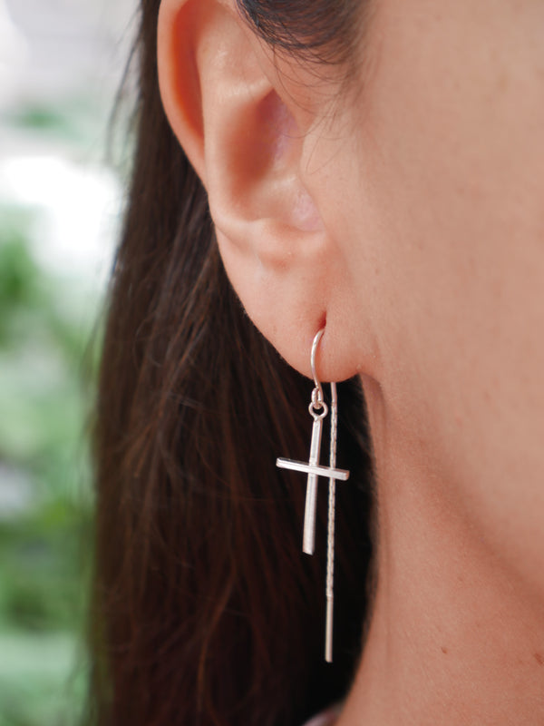 earrings, silver earrings, dangly cross earrings, 925 sterling silver earrings, cool earrings, cool jewelry, Cross earrings thread earrings dangling cross earrings for men and woman sterling silver .925 white gold plated light weight for sensitive ears, jewelry for men, cool earrings for men and woman, gift ideas trending on instagram shops and tiktok famous brands Kesley Boutique