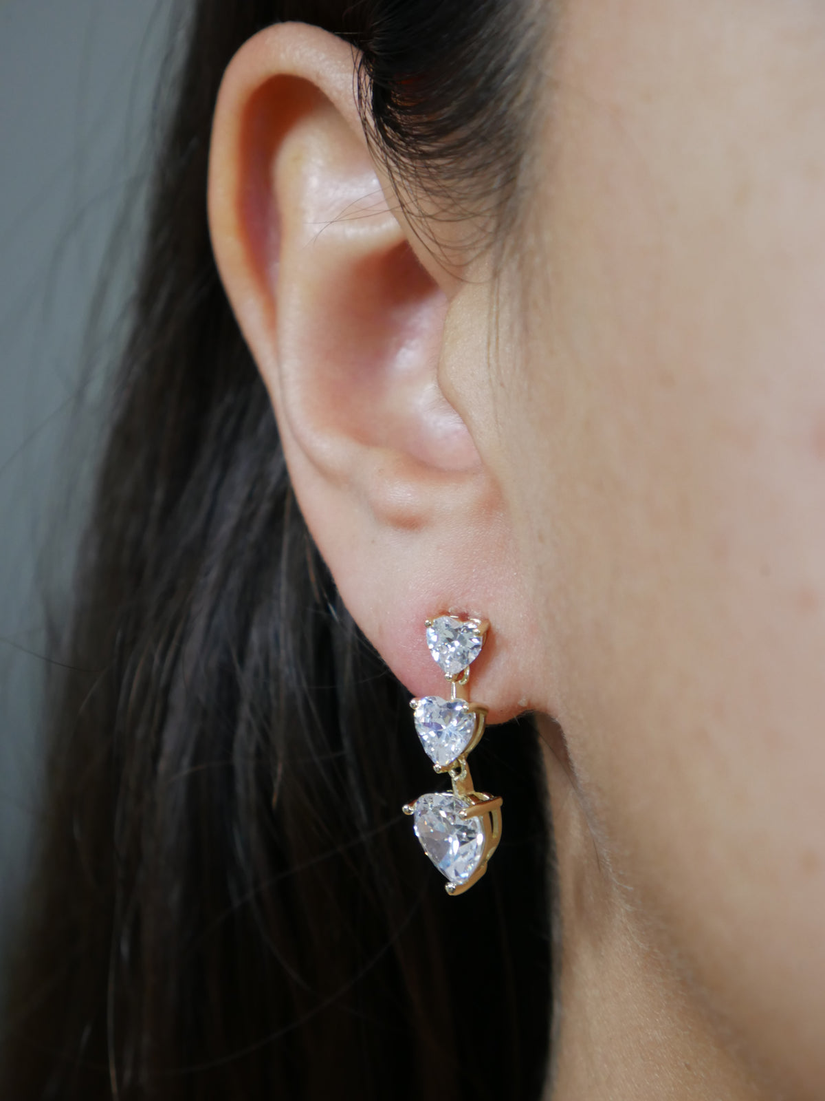 dangling gold earrings with rhinestones, heart earrings, for sensitive ears, cute earrings, three heart diamond cz earrings, lightweight long earrings Kesley Boutique