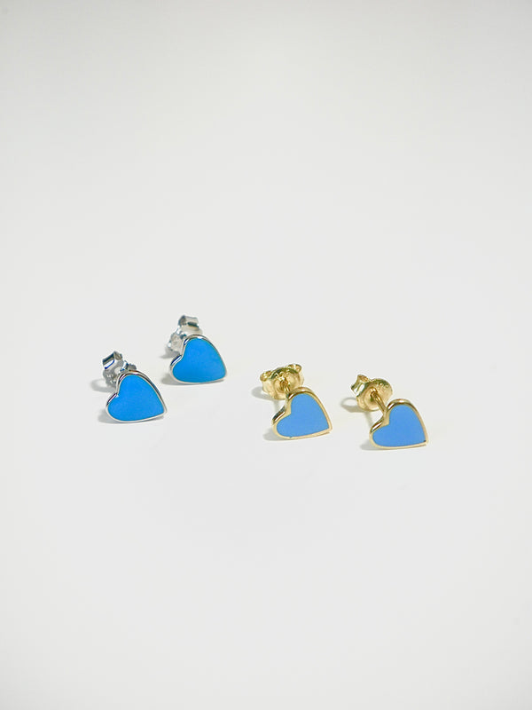 heart earrings, gold plated, white gold, blue heart earrings studs, hermes inspired earrings, nice stud earrings, hypoallergenic, waterproof, .925 sterling silver, nickel free, hypoallergenic, blue heart enamel earrings, tiffanys inspired earrings, cute jewelry, accessories, popular, instagram shop, Kesley Boutique, jewelry store in Miami, stud earrings for kids 