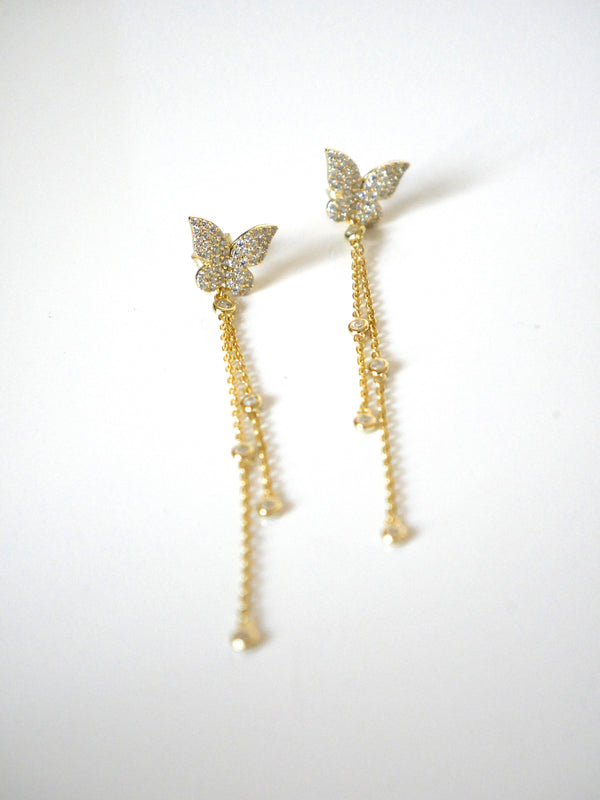 Earrings, Long gold plated rhinestone butterfly earrings .925 sterling silver, tassel fringe gold butterfly earrings dangling cubic zirconia, luxury, designer earrings, festival, birthday, anniversary, graduation unique earrings  