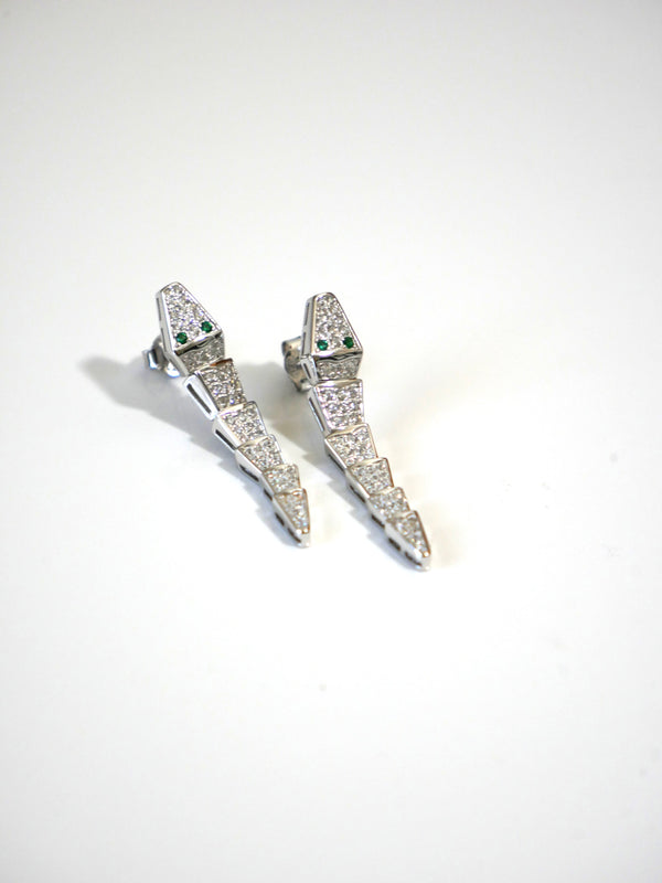 earrings, snake earrings, white gold, sterling silver, .925, hypoallergenic, waterproof earrings, unisex, diamond cz, rhinestone, nickel free earrings, light weight for men and woman, unique designer luxury earrings, gift ideas, influencer style earrings Kesley Boutique