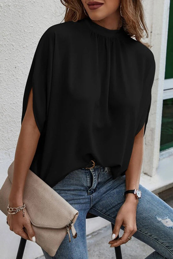 Tie Back Slit Half Sleeve Blouse Women's Solid Color Loose Fit Top