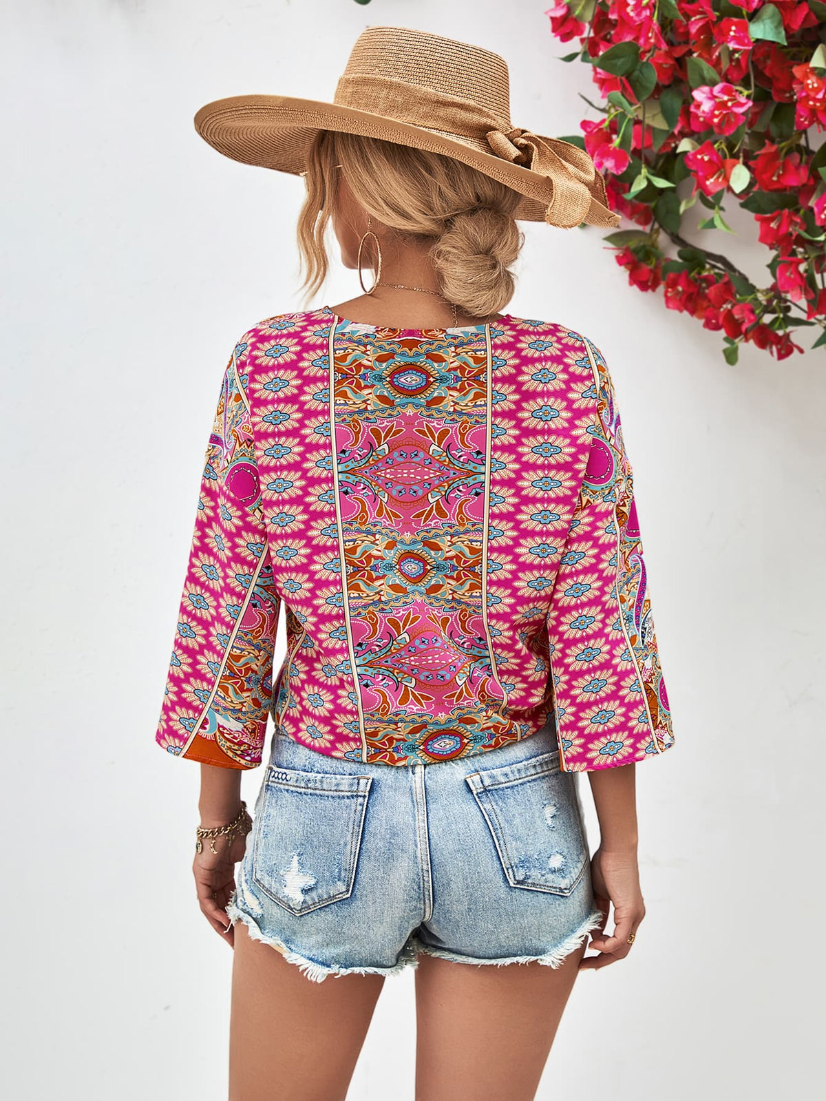 Boho Tie Hem V-Neck Three-Quarter Sleeve Blouse